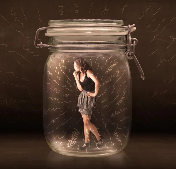 Businesswoman inside a jar with powerful hand drawn lines concep — Stock Photo, Image