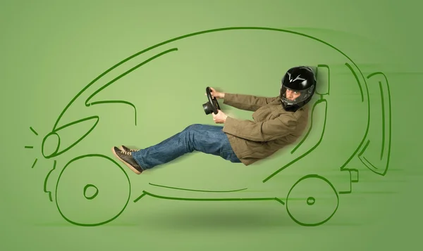 Homem dirige um eco friendy elétrico mão desenhada carro — Fotografia de Stock