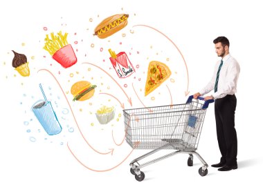 Man with shopping cart with toxic junk food clipart