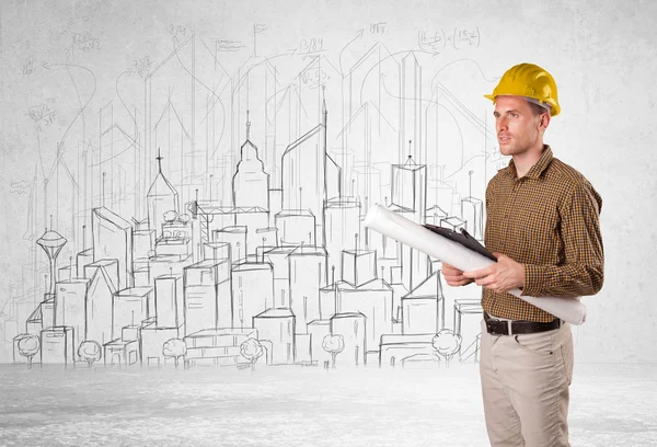 Trabajador de la construcción con fondo de paisaje urbano —  Fotos de Stock