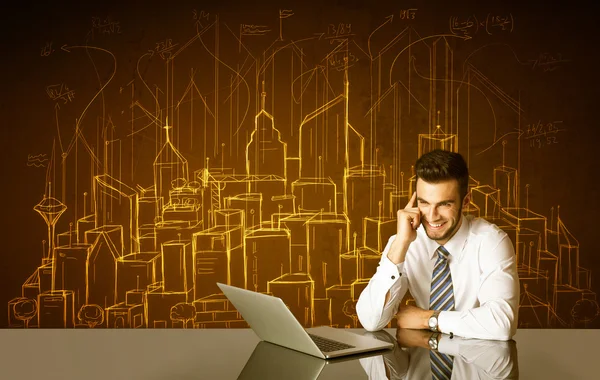 Businessman with buildings and numbers — Stock Photo, Image