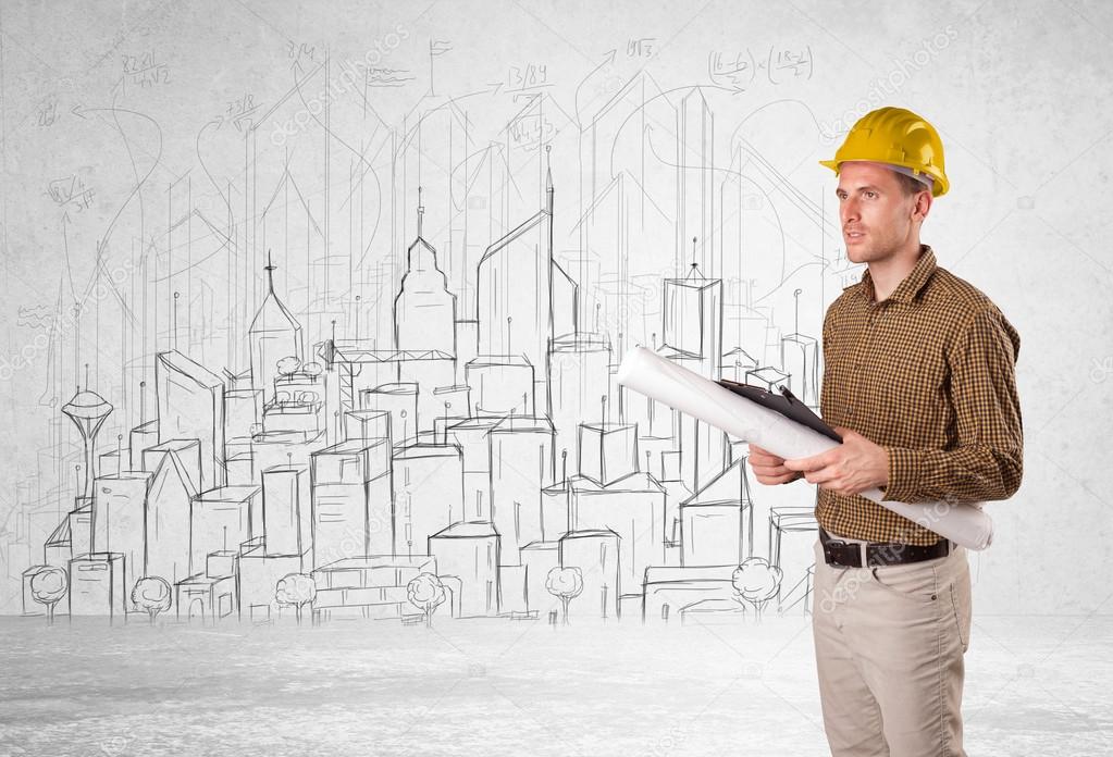 Construction worker with cityscape background