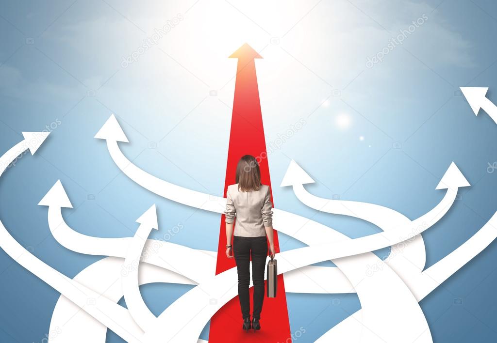 businesswoman with different direction arrows