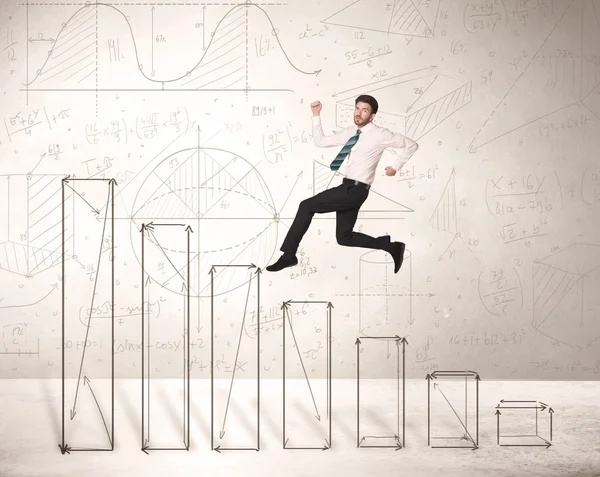 Fast business man jumping up on hand drawn charts — Stock Photo, Image