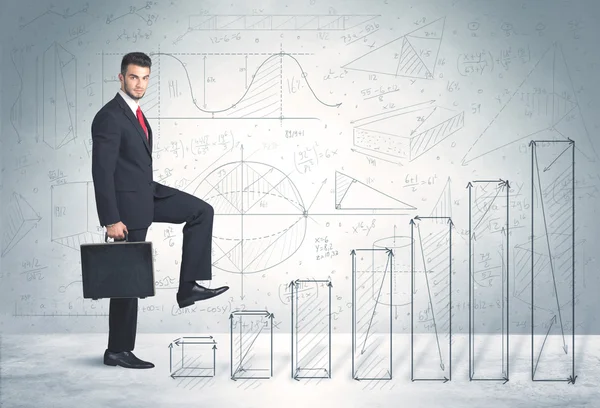 Business man climbing up on hand drawn graphs concept — Stock Photo, Image