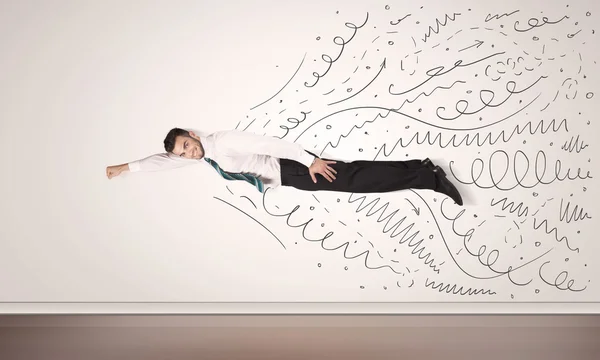 Business man flying with hand drawn lines comming out — Stock Photo, Image