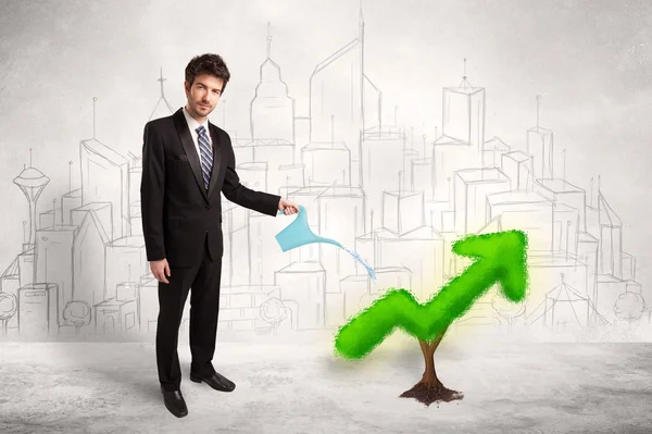 Business man watering green plant arrow — Stock Photo, Image