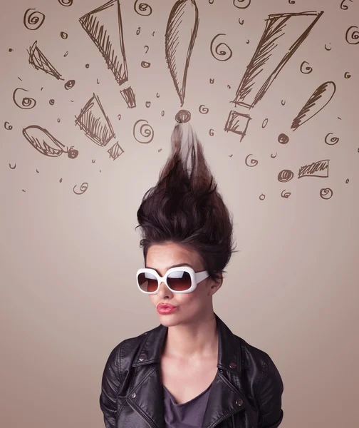 Young woman with hair style and hand drawn exclamation signs — Stock Photo, Image