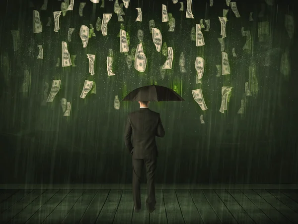 Businessman standing with umbrella in dollar bill rain concept — Stock Photo, Image