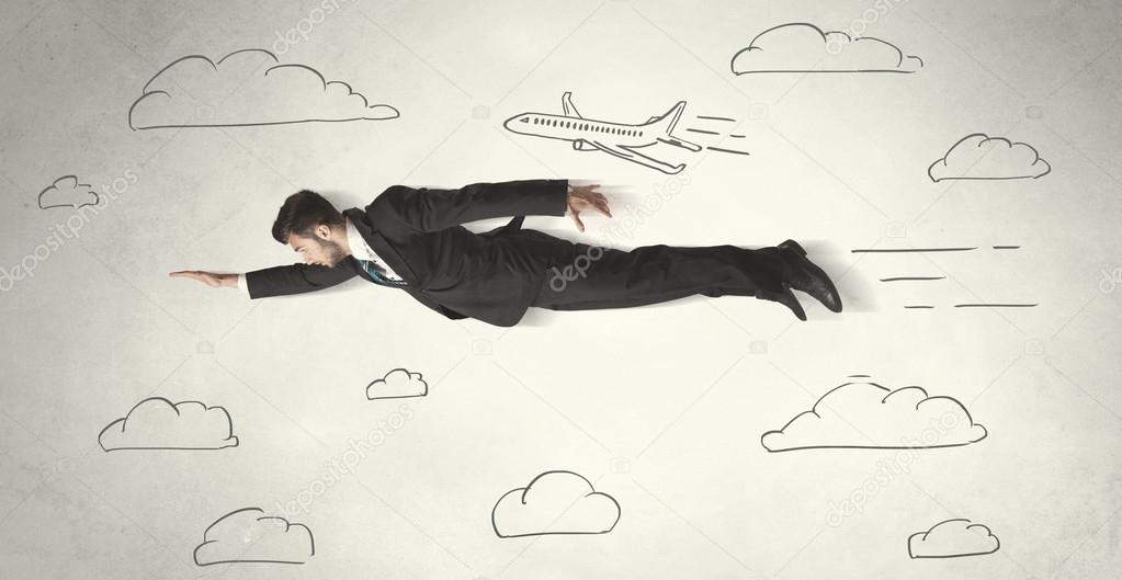 Cheerful business person flying between hand drawn sky clouds