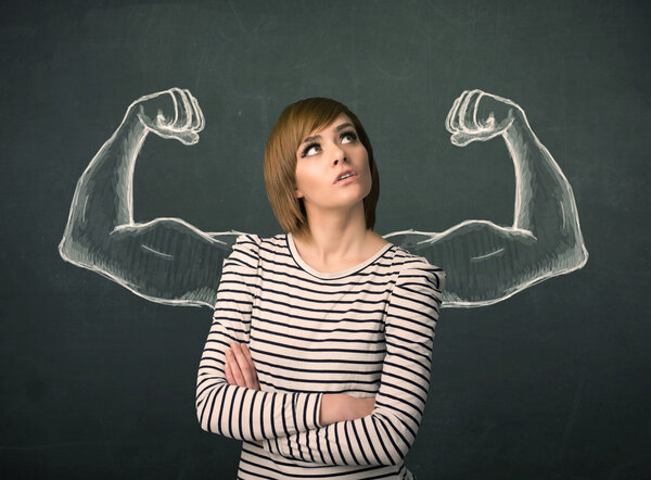 woman with sketched strong and muscled arms