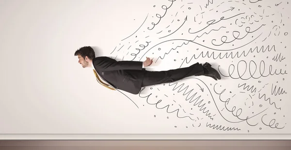 Biznes człowiek latający z ręcznie rysowane linie wychodzi — Zdjęcie stockowe