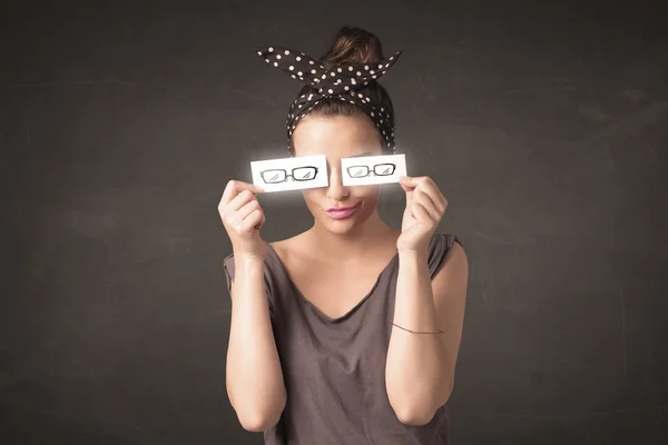 Happy girl looking with hand drawn paper eye glasses — Stock Photo, Image