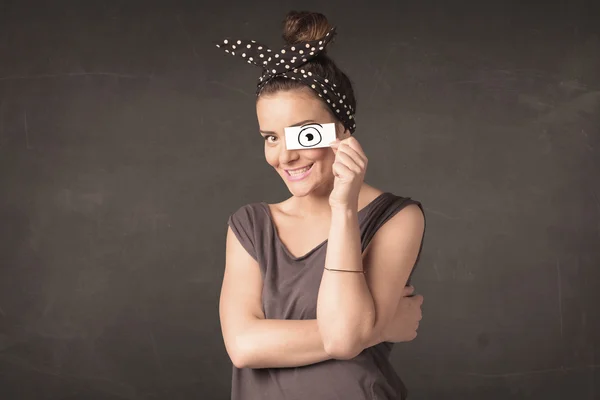 Funny woman looking with hand drawn paper eyes — Stock Photo, Image