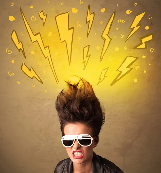 Young woman with hair style and hand drawn lightnings — Stock Photo, Image