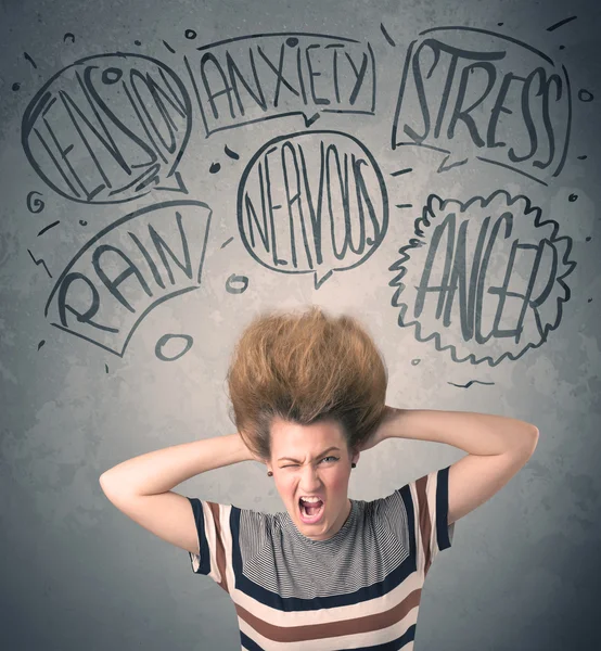 Mad young woman with extreme haisrtyle and speech bubbles — Stock Photo, Image