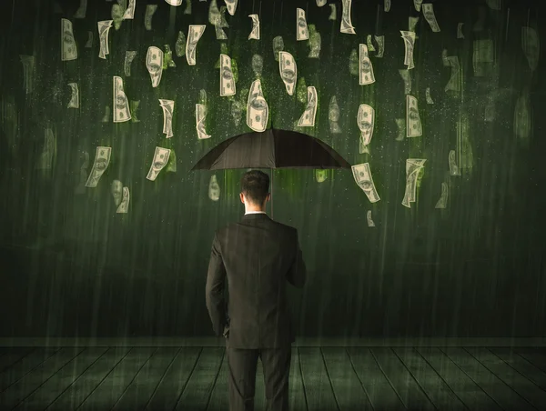 Businessman standing with umbrella in dollar bill rain concept — Stock Photo, Image