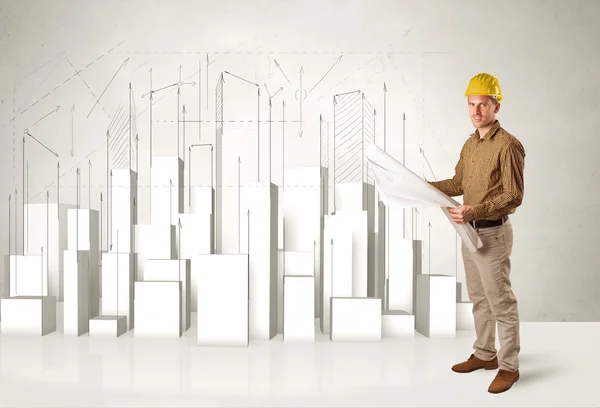 Construction worker planing with 3d buildings in background — Stock Photo, Image