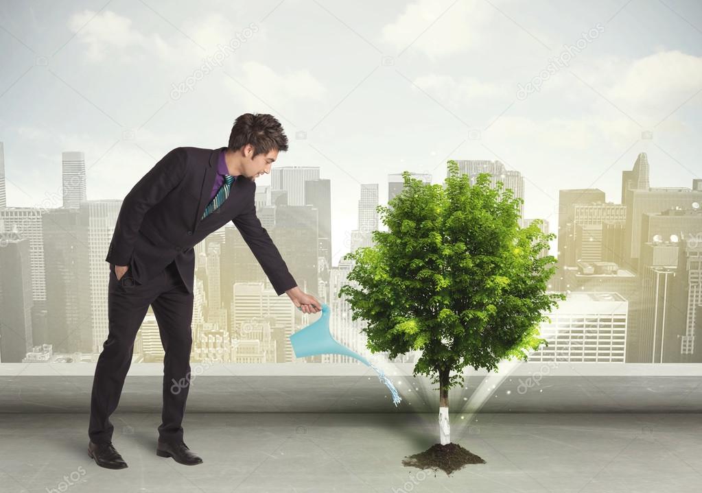 Businessman watering green tree on city background