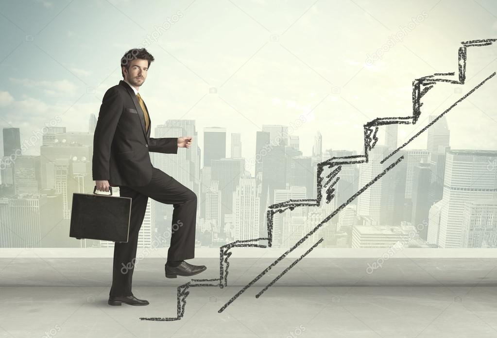 Business man climbing up on hand drawn staircase concept