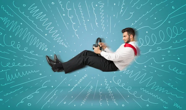 Komik adam etrafında çizilmiş çizgiler ile hayali bir araç sürücüleri Merhaba