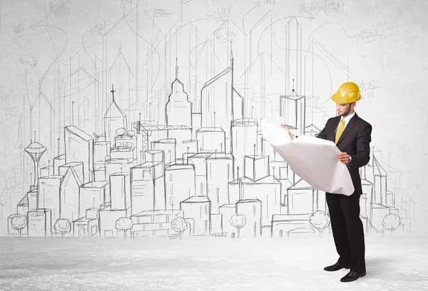 Construction worker with cityscape background — Stock Photo, Image