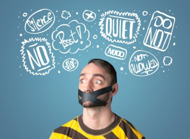 Young man with glued mouth and thought clouds clipart