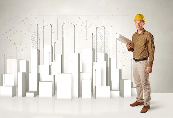 Construction worker planing with 3d buildings in background — Stock Photo, Image