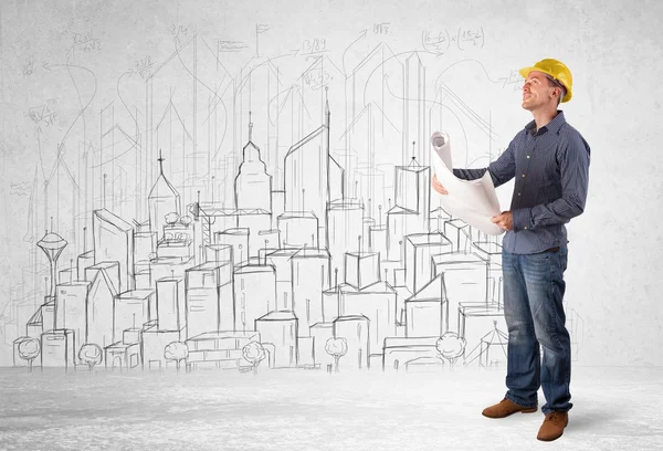 Construction worker with cityscape background — Stock Photo, Image