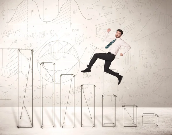 Fast business man jumping up on hand drawn charts — Stock Photo, Image