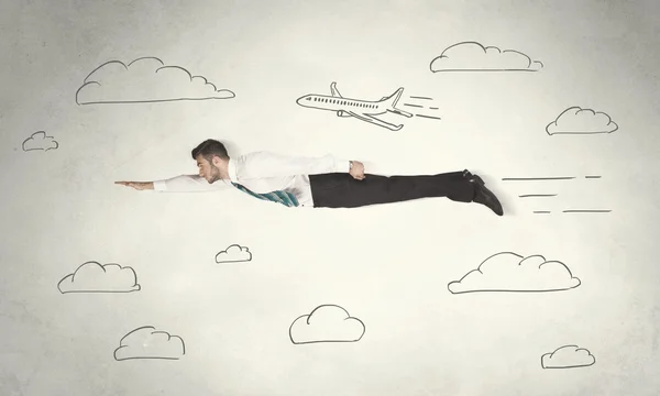 Wesoły biznesmen latający między ręcznie narysowanymi chmurami nieba — Zdjęcie stockowe