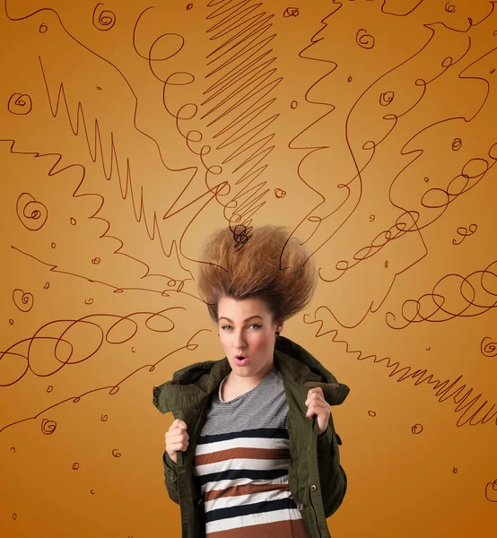 Excited young woman with extreme hairtsyle and hand drawn lines — Stock Photo, Image