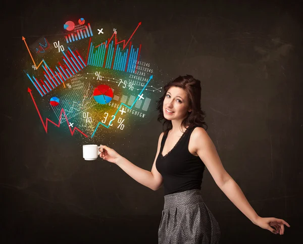 Businesswoman holding a white cup with diagrams and graphs — Stock Photo, Image