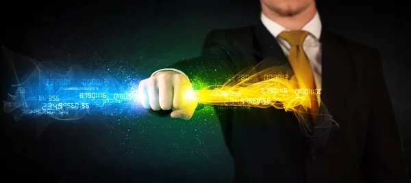 Man holding colorful glowing data in his hands — Stock Photo, Image