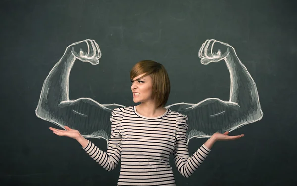 Woman with sketched strong and muscled arms — Stock Photo, Image