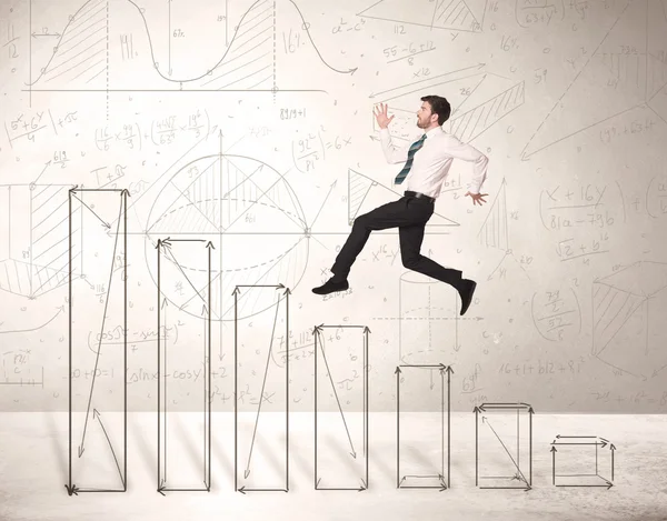 Schneller Geschäftsmann springt auf handgezeichneten Diagrammen hoch — Stockfoto