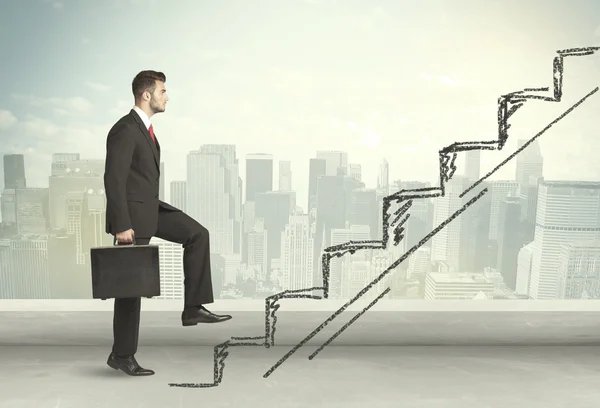 Business man climbing up on hand drawn staircase concept — Stock Photo, Image