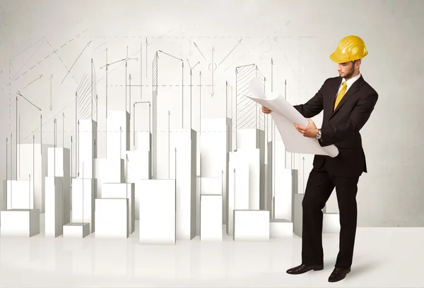 Byggarbetare hyvling med 3D-byggnader i bakgrunden — Stockfoto