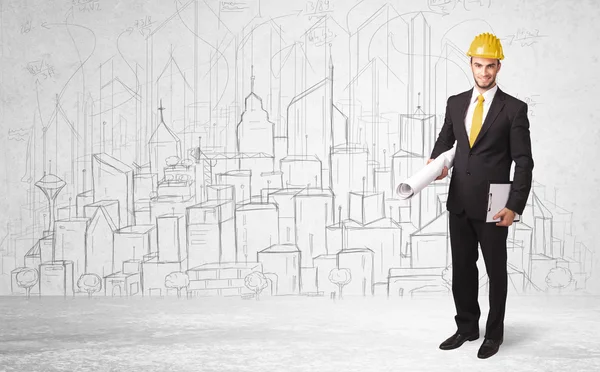 Construction worker with cityscape background — Stock Photo, Image