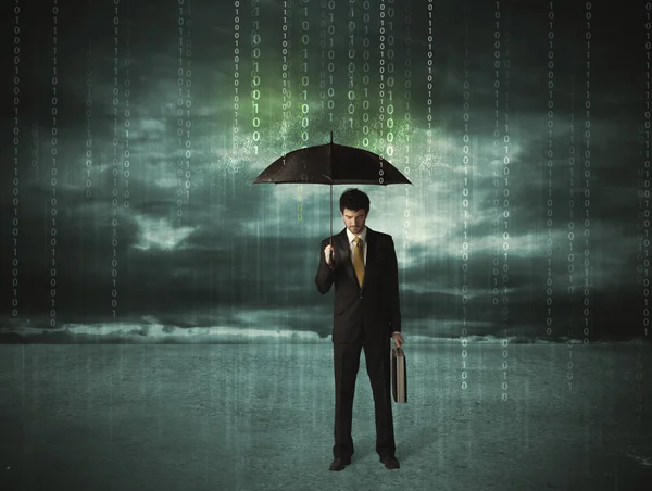 Business man standing with umbrella data protection concept — Stock Photo, Image