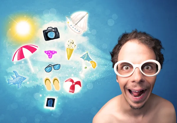 Happy joyful man with sunglasses looking at summer icons — Stock Photo, Image