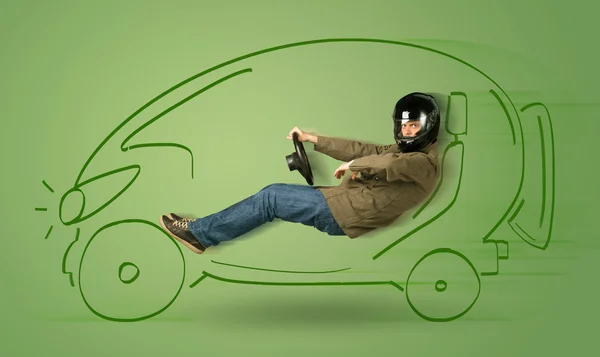 Homem dirige um eco friendy elétrico mão desenhada carro — Fotografia de Stock