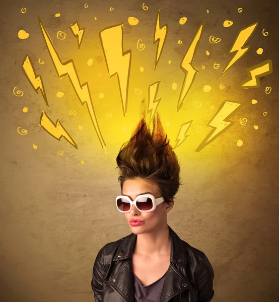 Young woman with hair style and hand drawn lightnings — Stock Photo, Image