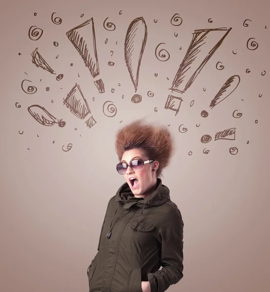 Young woman with hair style and hand drawn exclamation signs — Stock Photo, Image