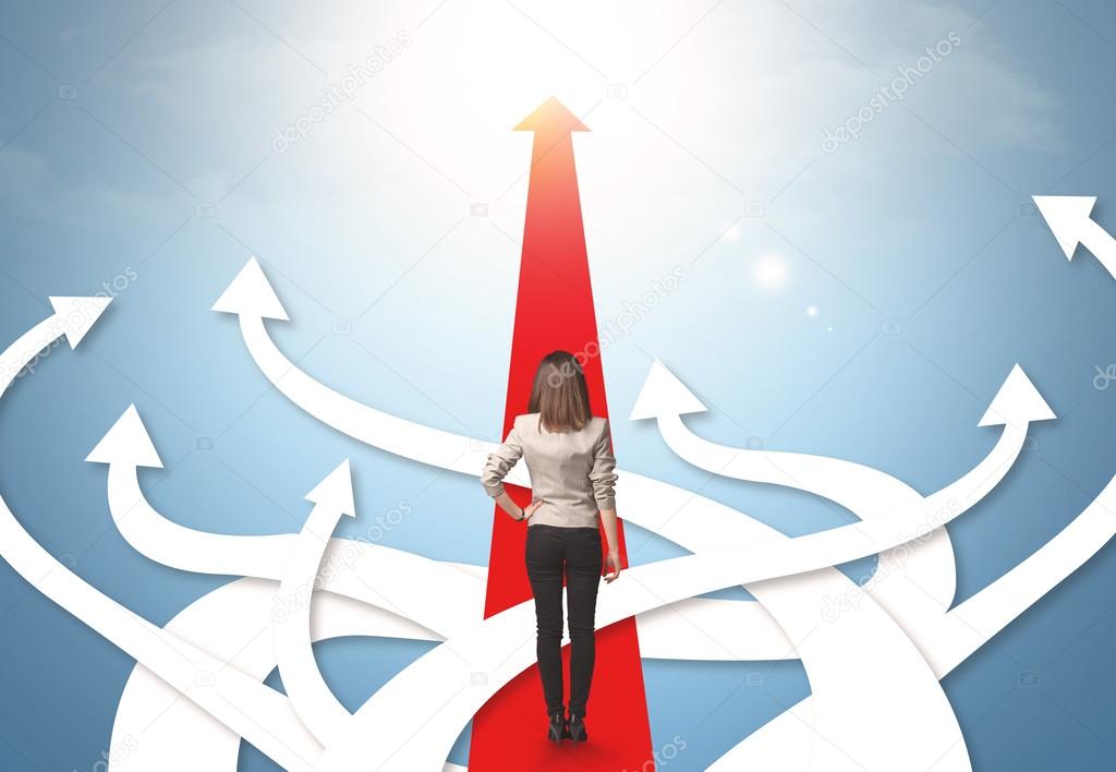 businesswoman with different direction arrows