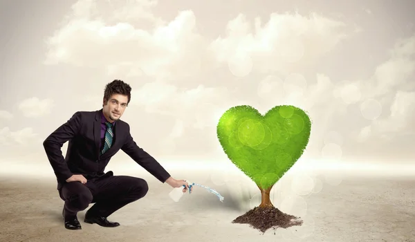 Üzletember öntözés szív alakú zöld fa — Stock Fotó