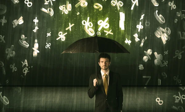 Empresario de pie con paraguas y números 3d lloviendo cóncavo —  Fotos de Stock