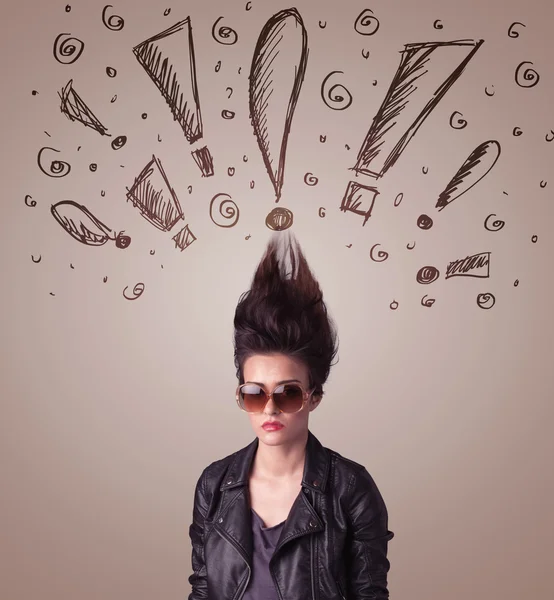 Young woman with hair style and hand drawn exclamation signs — Stock Photo, Image