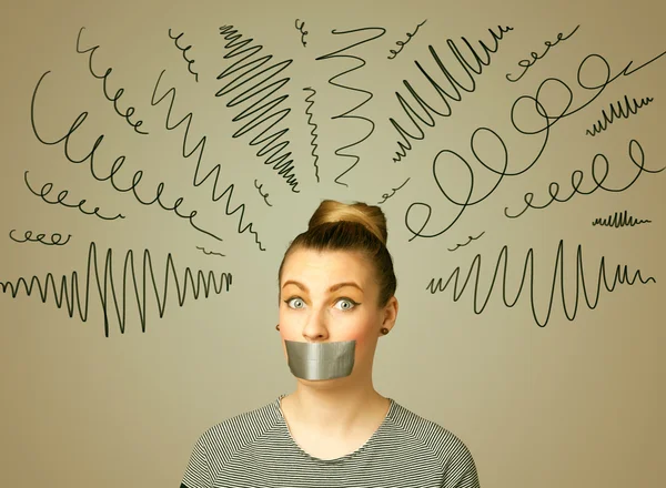 Young woman with glued mouth and curly lines — Stock Photo, Image