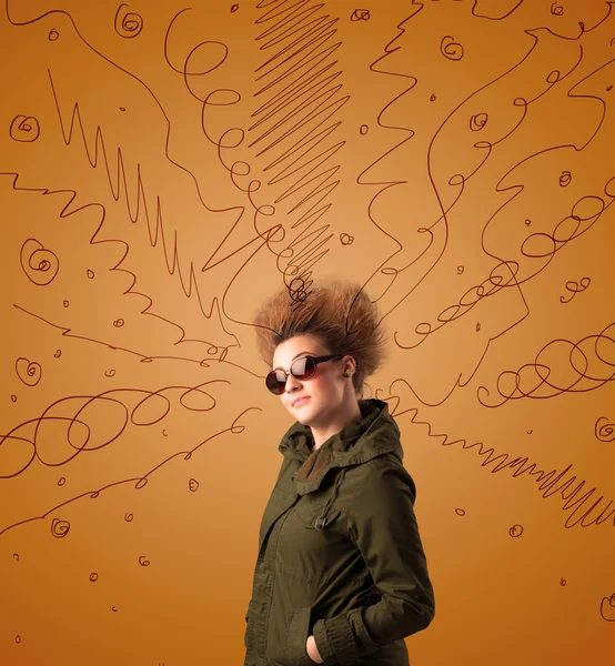 Excited young woman with extreme hairtsyle and hand drawn lines — Stock Photo, Image